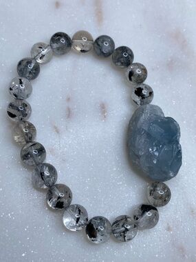 ✨ Natural Raw Blue Calcite Bracelet with Tourmalinated Quartz Beads ✨